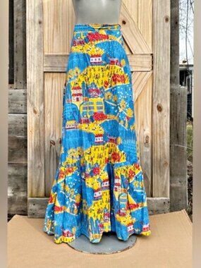 Vintage 70s Handmade Blue Boho Hippie Folk Cottagecore Prairie Maxi Skirt~M~